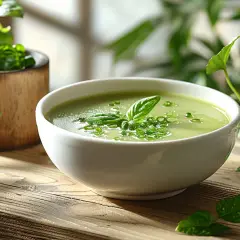 Eine Schüssel cremiger grüner Suppe, garniert mit frischen Kräutern. Perfekt für Sauerampfer Rezepte.