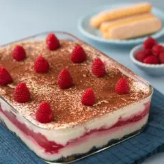 Himmlisches Himbeer-Tiramisu, ein schnelles Dessert, garniert mit frischen Beeren und Kakao. Perfekt für spontanen Genuss.