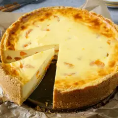 Ein saftiger Mandarinen Schmand Kuchen mit einem knusprigen Boden und cremigem Belag, verziert mit saftigen Mandarinenstücken.