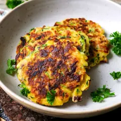 Goldbraune Zucchini-Puffer, garniert mit Petersilie, liegen auf einem Teller. Daneben eine Schüssel mit Dip.