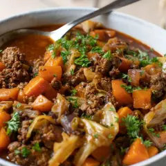 Herzhaftes One-Pot-Gericht mit Hackfleisch, Süßkartoffeln und Kohl, garniert mit Petersilie. Perfekt für kalte Tage.