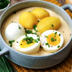 Senfeier rezept: Ein deftiger Eintopf mit Kartoffeln und halbierten Eiern in cremiger Senfsauce, garniert mit Schnittlauch.
