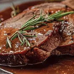 Saftige Scheiben Sauerbraten in dunkler Sauce, garniert mit Rosmarin. Die perfekte Temperatur für diesen Klassiker ist entscheidend.