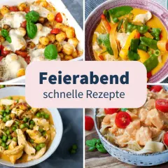 Schnelle Abendessen Ideen: Gnocchi-Auflauf, Hähnchen-Curry, Hähnchen mit Erbsen und Pasta mit cremiger Sauce.