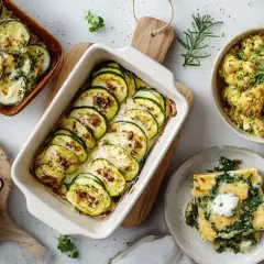 Verschiedene Aufläufe mit Zucchini-Scheiben, Käse und Kräutern. Köstliche zucchini rezepte für jeden Anlass.