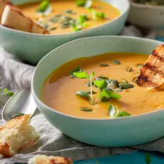 Zwei Schalen cremiger Kürbissuppe mit geröstetem Brot und Kürbiskernen. Perfekt für leichte Schonungskost-Rezepte.