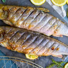 Zwei goldbraun gegrillte Saiblinge liegen auf einem dunklen Stein, garniert mit Zitronenscheiben und Kräutern. Perfekt zum Saibling grillen!