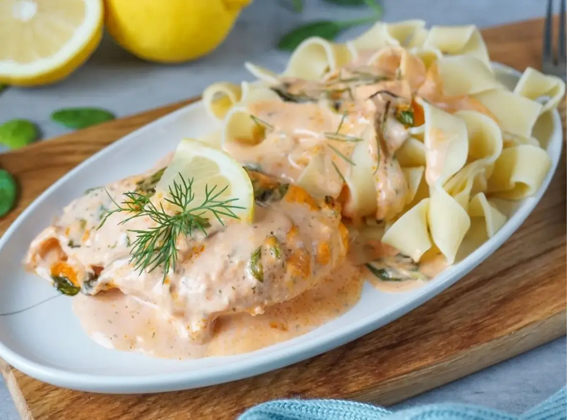 Zartes Lachsfilet in cremiger Sahnesauce mit Dill und Zitrone, serviert mit breiten Bandnudeln. Ein köstliches Lachs Sahne Gratin.