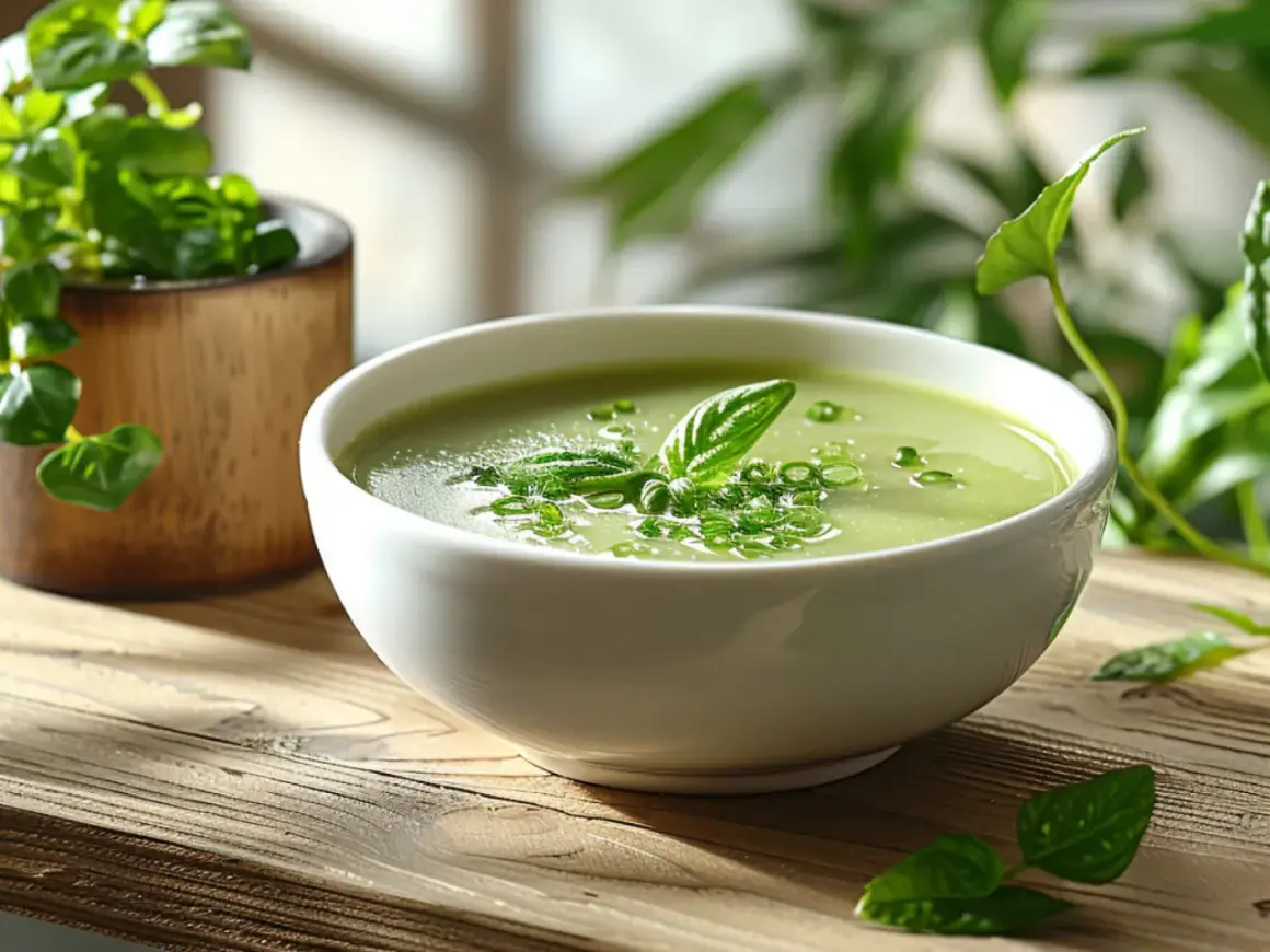 Eine Schüssel cremiger grüner Suppe, garniert mit frischen Kräutern. Perfekt für Sauerampfer Rezepte.