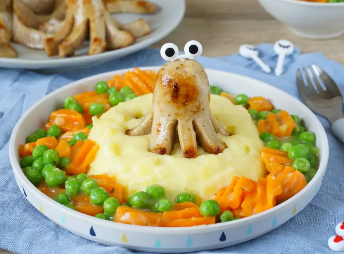 Ein lustiger Tintenfisch aus Bratwurst vom Vortag, der aus Kartoffelbrei mit Erbsen und Karotten schaut.