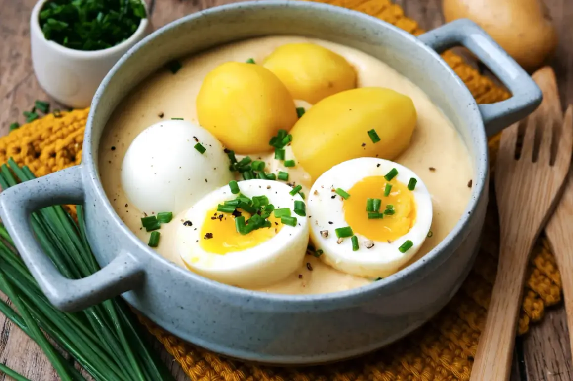 Senfeier rezept: Ein deftiger Eintopf mit Kartoffeln und halbierten Eiern in cremiger Senfsauce, garniert mit Schnittlauch.