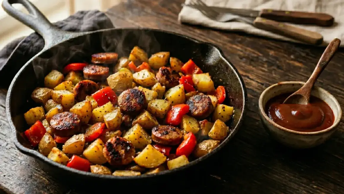 Heißer Dampf steigt auf von Bratkartoffeln mit Bratwurst und Paprika in einer Gusseisenpfanne. Dazu eine Schale mit Dip.