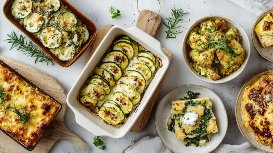 Verschiedene Aufläufe mit Zucchini-Scheiben, Käse und Kräutern. Köstliche zucchini rezepte für jeden Anlass.