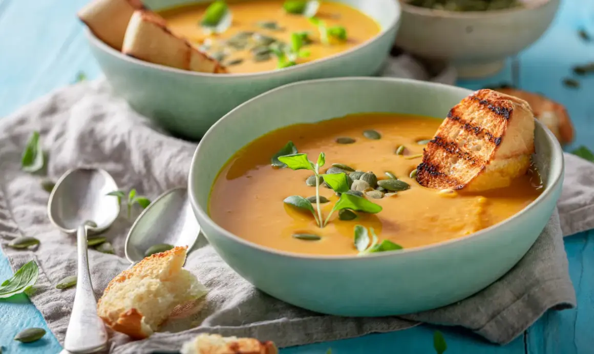 Zwei Schalen cremiger Kürbissuppe mit geröstetem Brot und Kürbiskernen. Perfekt für leichte Schonungskost-Rezepte.