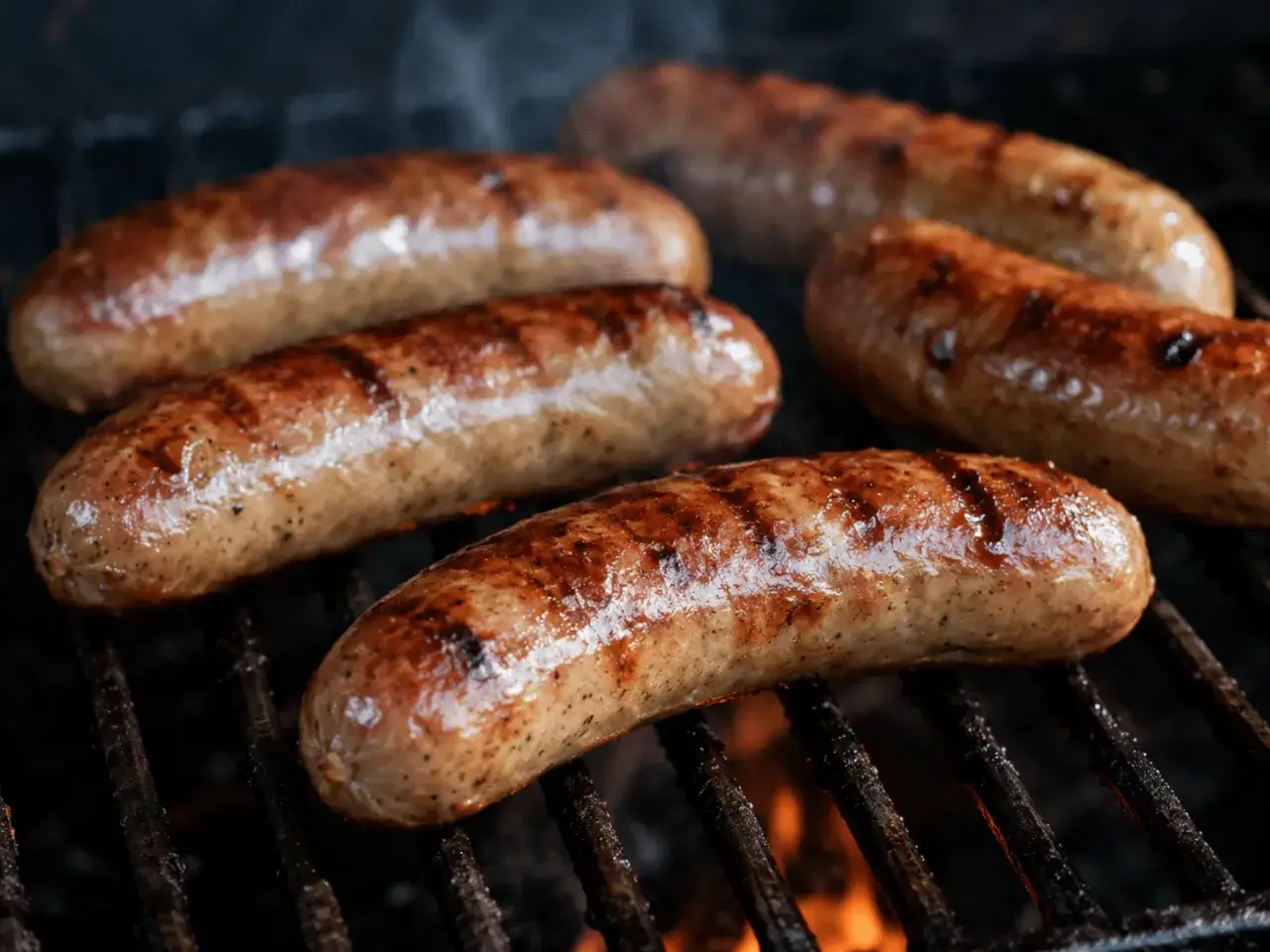 Mehrere Bratwürste brutzeln auf einem Grill. Rauch steigt auf. Niemand würde diese Bratwurst roh essen wollen.