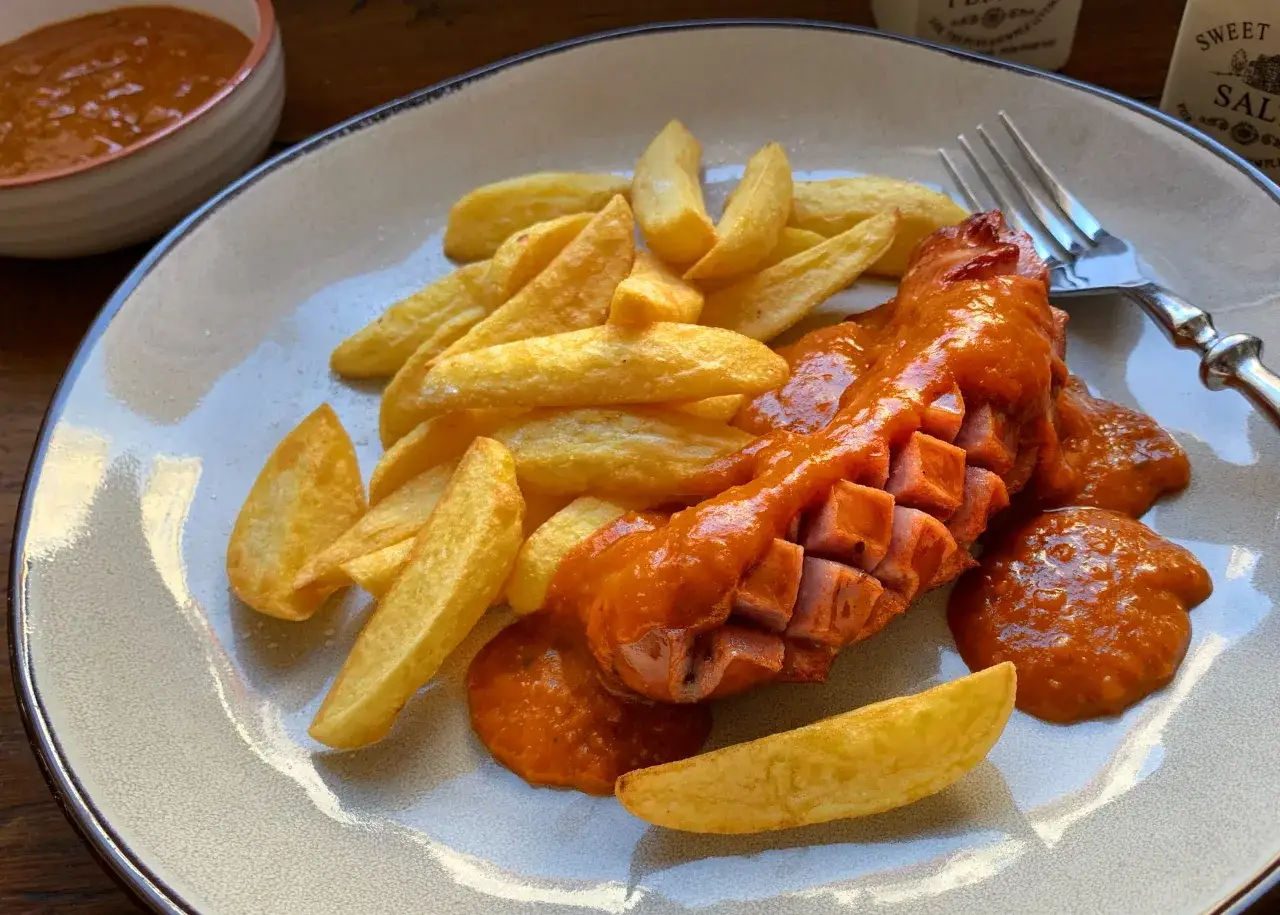 Herzhaftes Currywurst Rezept mit Pommes. Die Wurst ist in Scheiben geschnitten und mit einer würzigen Sauce übergossen.