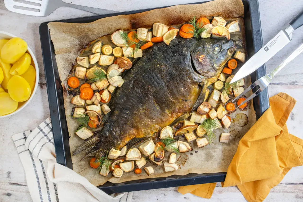 Ein ganzer Schuppenkarpfen, zubereitet mit Wurzelgemüse und Zitronenspalten auf einem Backblech. Daneben eine Schüssel mit Salzkartoffeln.