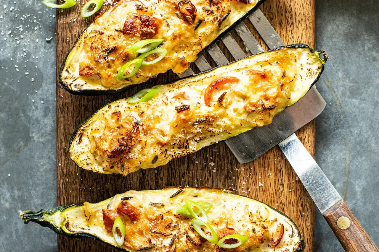 Gefüllte zucchini schiffchen mit Käse und Speck, garniert mit Frühlingszwiebeln, auf einem Holzbrett.
