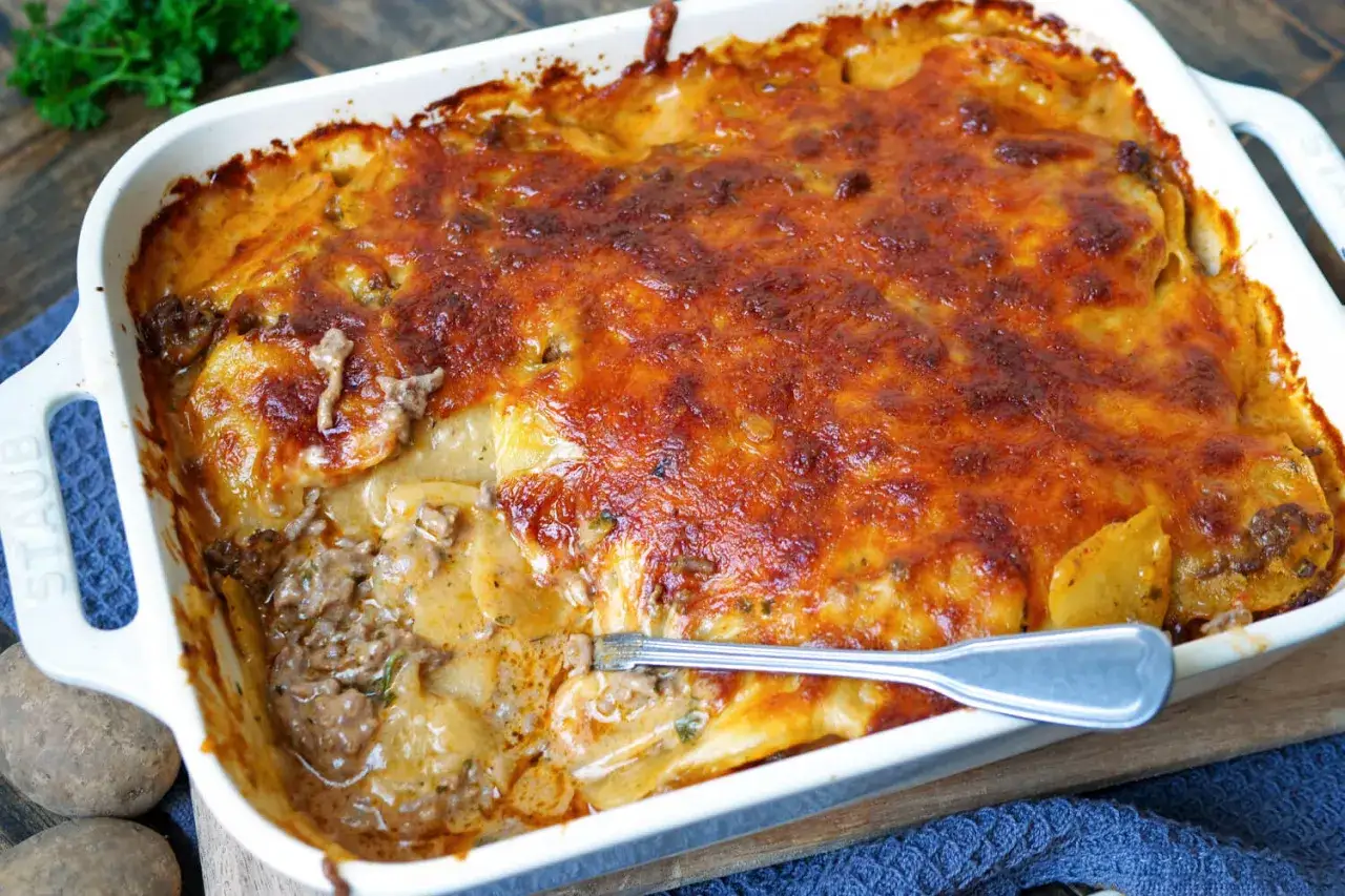 Herzhafter Kartoffelauflauf mit Hackfleisch, überbacken mit goldbraunem Käse. Ein Gabeltest zeigt die cremige Füllung.