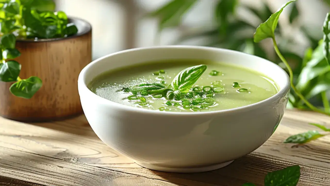 Grüne Suppe mit Kräutern garniert, inspiriert von Sauerampfer-Rezepten.