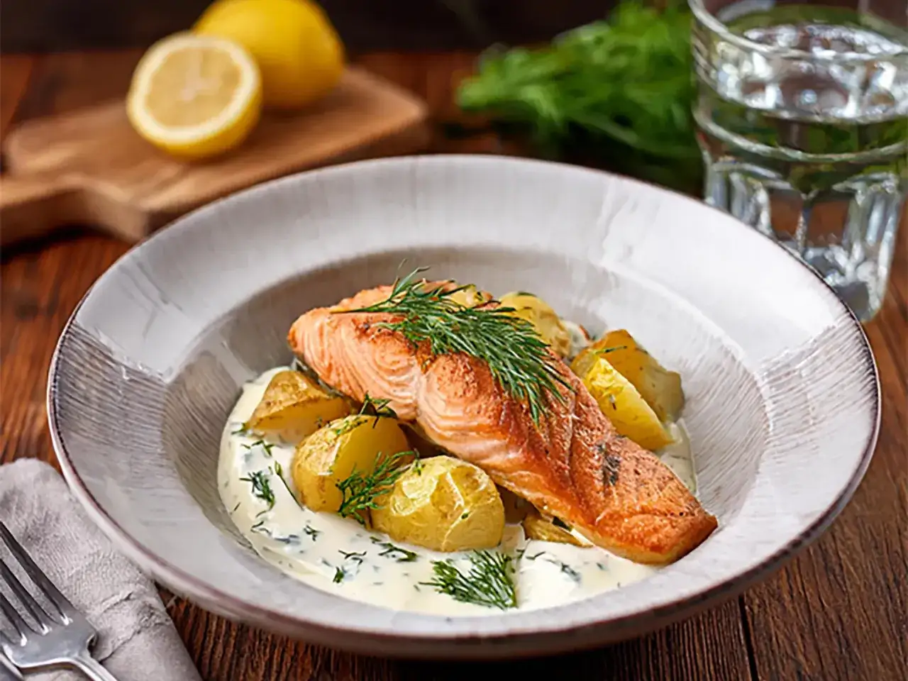 Gebratener Lachs mit Dill-Sauce und Kartoffeln, ein köstliches Gericht, das Lust auf mehr Lachs Rezepte macht.