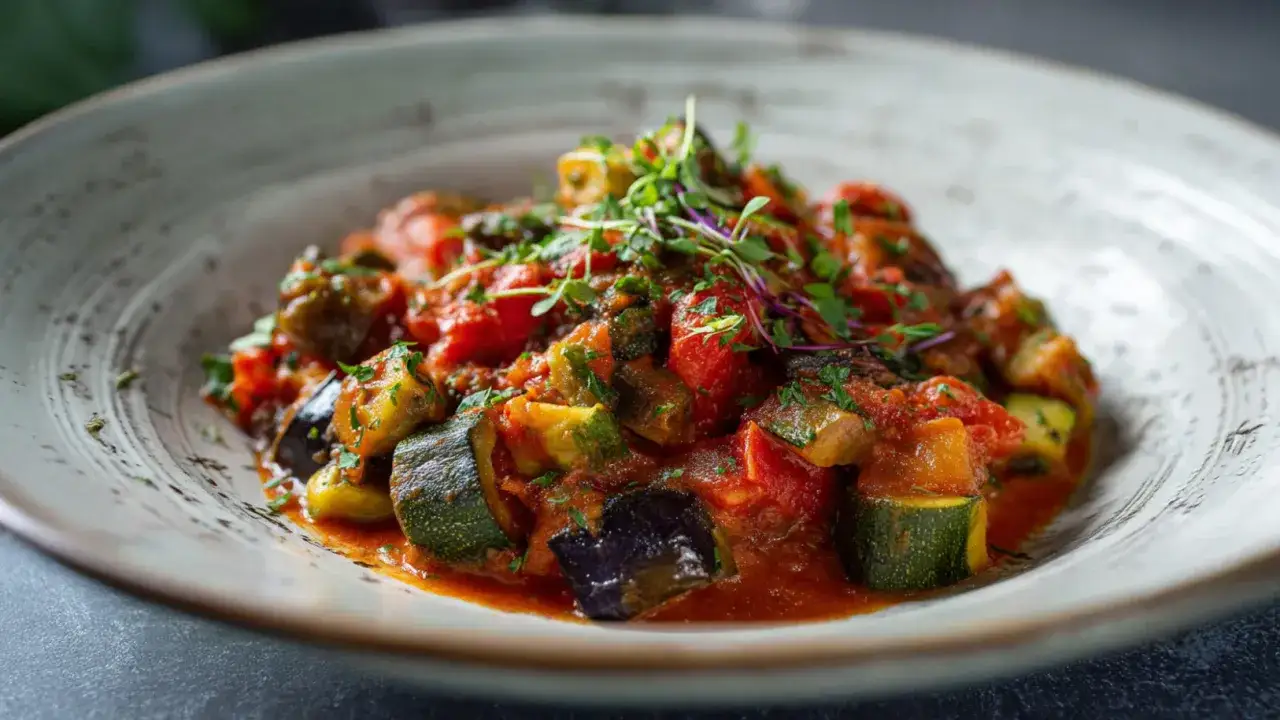 Herzhafte zucchini pfanne mit Auberginen und Tomaten, garniert mit frischen Kräutern.
