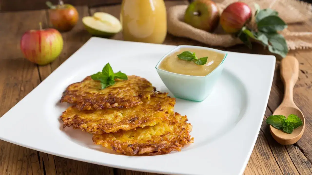 Goldbraune Kartoffelpuffer mit Apfelmus, ein leckeres Kartoffelpuffer Rezept für Genießer.