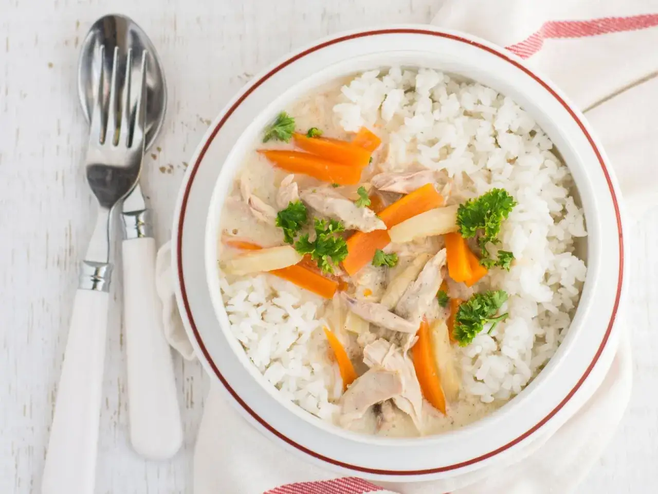 Schonost rezepte: Hähnchen mit Reis, Karotten und Petersilie in cremiger Sauce. Ein leichtes Gericht, das gut verdaulich ist.
